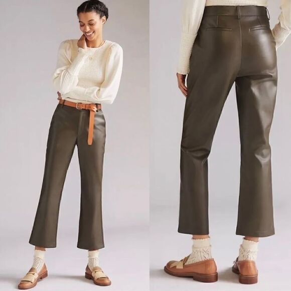 AVEC LES FILLES Faux Leather Wide Leg Crop Pants Olive Green - Picture 1 of 6